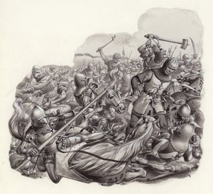 Caballeros masacrados en el campo de batalla (gouache sobre papel)