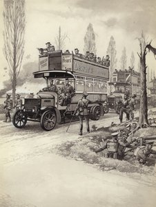 Autobuses londinenses utilizados para llevar tropas al frente durante la Primera Guerra Mundial (gouache sobre papel)