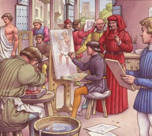 Lorenzo de Médicis visita la escuela de artistas (gouache sobre papel) de Pat (1907 95) Nicolle