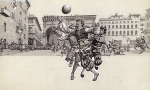 Jugando al fútbol en Florencia (gouache sobre papel)