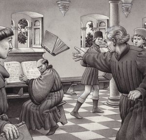 Poggio Bracciolini lanza un libro a un compañero, Tortelli (gouache sobre papel)