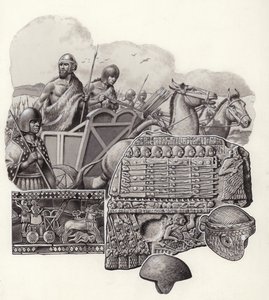 Carro sumerio tirado por asnos salvajes (gouache sobre papel)