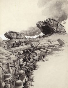 Tanques ruedan sobre trincheras alemanas durante la Gran Guerra (gouache sobre papel)
