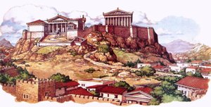 La Acrópolis, o antigua ciudadela, de Atenas tal y como era en el siglo V.