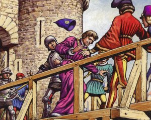 El Delfín se encuentra con Juan el Intrépido, duque de Borgoña, en el puente sobre el Sena (gouache sobre papel)