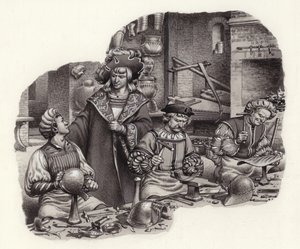El emperador Maximiliano en el taller de su armero (gouache sobre papel)