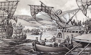 Los romanos invaden Inglaterra en el 55 a.C. bajo Julio César (gouache sobre papel)