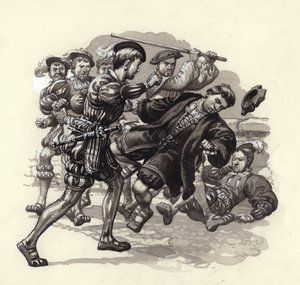 William Herbert ataca a un inocente transeúnte en Bristol (gouache sobre papel) de Pat (1907 95) Nicolle