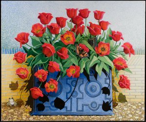 Getting There, 2011 (acrílico sobre percal) flores; tulipanes; naturaleza muerta; jardinera; sapo; rana; mariposas; de Pat Scott
