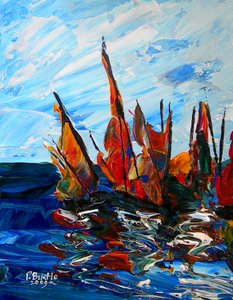 Voiliers au Port a Bainet, 2009 (acrílico sobre madera) de Patricia Brintle