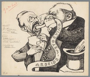 Ministro Aalberse y el empleador Las plumas limpias del Ministro Aalberse (título sobre objeto) de Patricq Kroon (signed by artist)