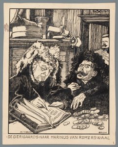 Los ministros De Visser y Simon de Vries como recaudadores de impuestos The Misers: después de Marinus van Romerwaal (título sobre el objeto) de Patricq Kroon (signed by artist)