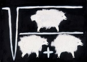 Clonación: Símbolo matemático que representa operaciones de cálculo de raíces cuadradas, divisiones y sumas, con una oveja como conejillo de indias. Collage de algodón blanco sobre fondo negro.