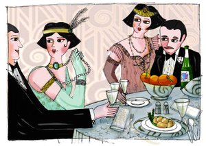Ilustración que representa una cena mundana en "Gatsby el Magnífico" del escritor estadounidense Francis Scott Fitzgerald (1896-1940) (El Gran Gatsby) Dibujo de Patrizia Laporta