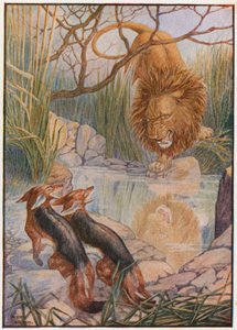 La cara de un león le devolvió la mirada desde el agua (litografía en color) de Patten Wilson