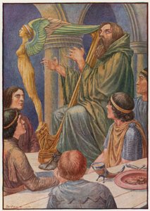 El Dagda cogía su arpa y tocaba unos acordes (litografía en color) de Patten Wilson