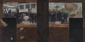 Croquis del despacho del Prefecto en el Ayuntamiento de París: Transporte de los heridos a la ambulancia - Salida del Armand Barbès de Paul Emile Mangeant