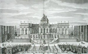 La Gran Gruta y el Jardín de la Fuente en el Palacio y Jardines del Placer Princely, Berlín, grabado por Johann August Corvinus, publicado c.1711-16
