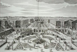 La Gran Cascada del Palacio y Jardines del Placer Princely, Berlín, grabado por Karl Remshard, publicado c.1711-16