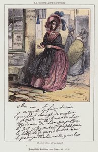 Mujer yendo a enviar una carta, caricatura francesa de Paul (after) Gavarni