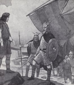 Hermanos Hengist y Horsa llegando a Ebbsfleet, Isla de Thanet, Kent, durante la invasión de los anglos, sajones y jutos en el siglo V (litografía)
