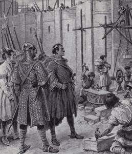 Guillermo el Conquistador supervisando la construcción de la Torre de Londres (litografía) de Paul (after) Hardy