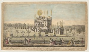Vista en perspectiva del edificio para los fuegos artificiales en el Green Park, Londres, ca. 1749 de Paul Angier