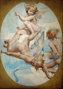 Los paneles ovalados del Gran Vestíbulo muestran putti con instrumentos musicales: trompeta, triángulo y platillos ... de Paul Baudry