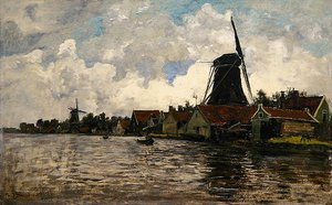Holanda, paisaje fluvial con dos molinos de viento