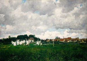 Mecklenburg, paisaje con el pequeño pueblo de Schwann en el Warnow de Paul Baum