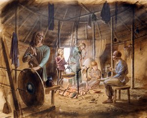 Dentro de una casa de la Edad de Hierro, siglo V a.C., c1990-2010 de Paul Birkbeck