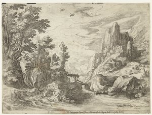 Paisaje fluvial en Campania con una ciudad sobre rocas de Paul Bril