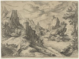 Costa rocosa en Campania con ciudad y viajeros de Paul Bril