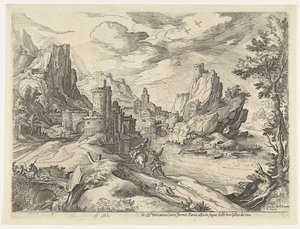 Costa rocosa en Campania con ciudad y viajeros de Paul Bril