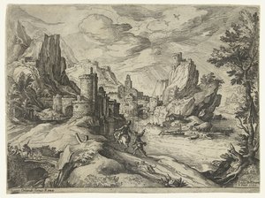 Costa de roca en Campania con ciudad y viajeros de Paul Bril