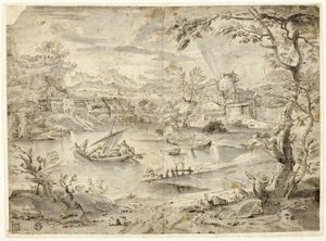 Vista de la ciudad con barco de pesca en primer plano