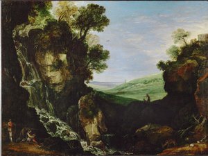 Paisaje con cascada y templo de Vesta en Tívoli de Paul Brill or Bril
