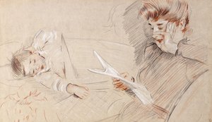 Madame Helleu leyendo, con Paulette acostada a su lado en un sofá