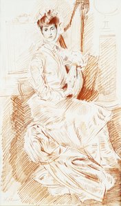 Madame Helleu sentada junto a un arpa de Paul Cesar Helleu