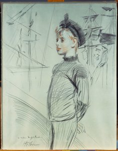 Retrato de un niño con sombrero de marinero y cuello alto, con barcos en el fondo de Paul Cesar Helleu