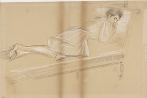Mujer tumbada hacia delante en un banco de descanso de Paul Cesar Helleu