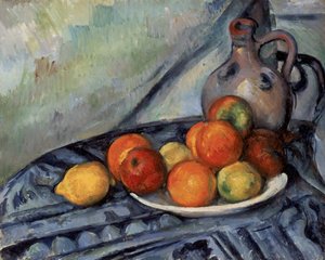 Fruta y una jarra en una mesa de Paul Cézanne