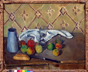 Frutas, toalla, pan y caja de leche de Paul Cézanne