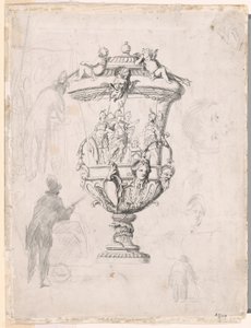 Estudios de figuras en torno a un grabado de un jarrón ornamental