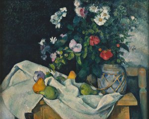 Flores en un jarrón de jengibre y frutas de Paul Cézanne