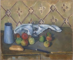 Fruta, servilleta y jarra de leche de Paul Cézanne