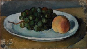Uvas y melocotón en un plato de Paul Cézanne
