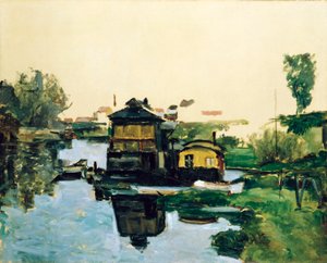 Casas flotantes en un río de Paul Cézanne
