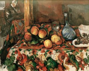 Melocotones, jarra y personaje de Paul Cézanne