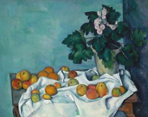 Naturaleza muerta con manzanas y una maceta de prímulas, c.1890